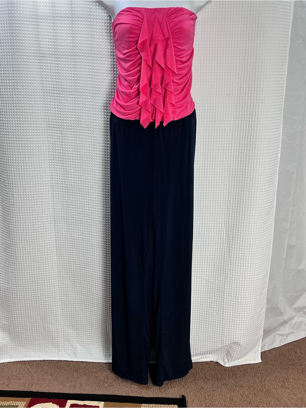 Ashley Stewart Strapless Hot Pink Ruffle Bodice Black Wide-Leg Jumpsuit size 12